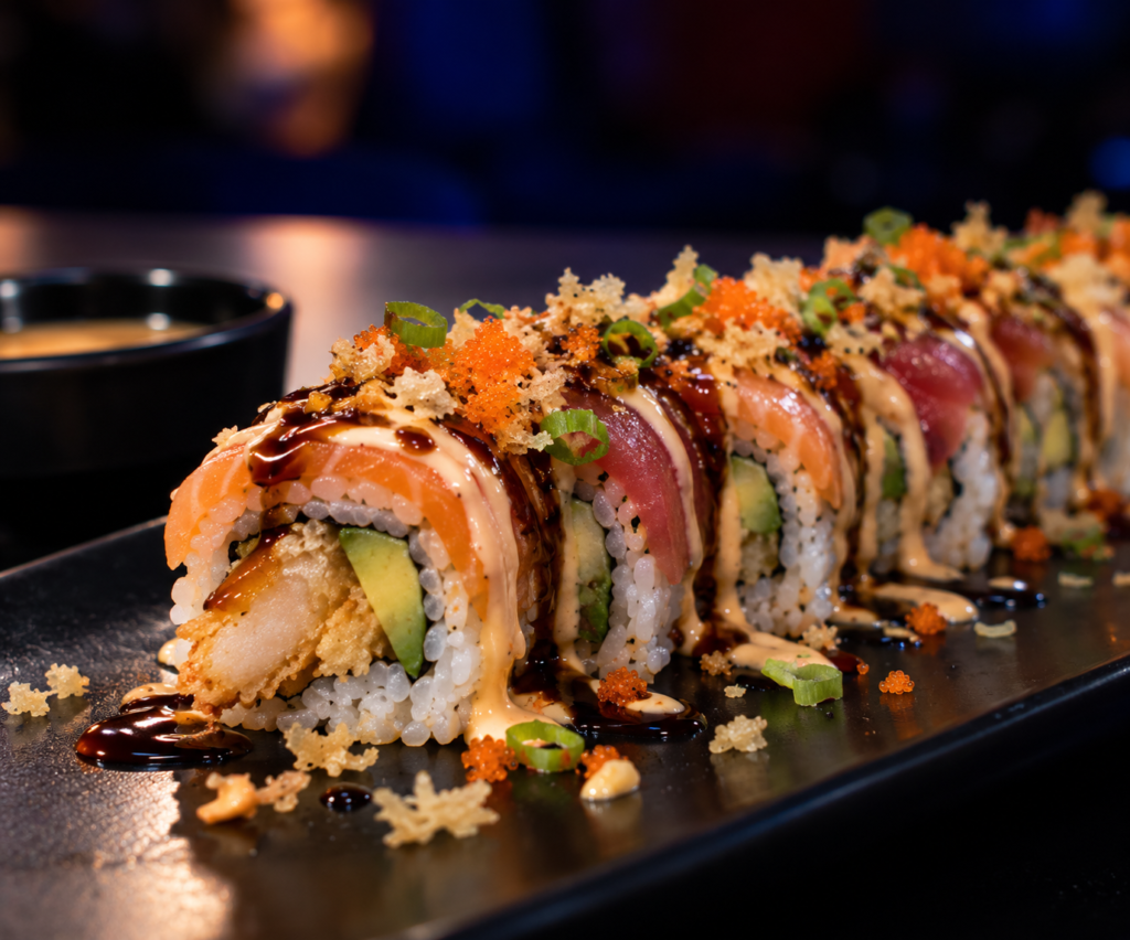 sushi de salmón y atún con salsas