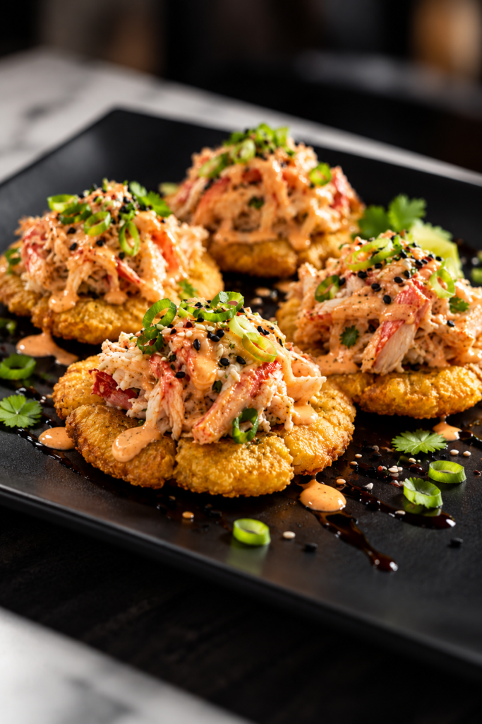 tostones dorados con cangrejo picante